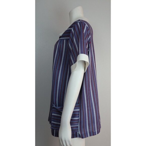VINTAGE WOMEN'S BLUE STRIPED SHORT SLEEVE BUTTON-UP TOP - SIZE M - Picture 7 of 12